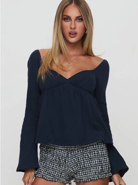 Princess Polly Navy Off-Shoulder Peplum Long Sleeve Top